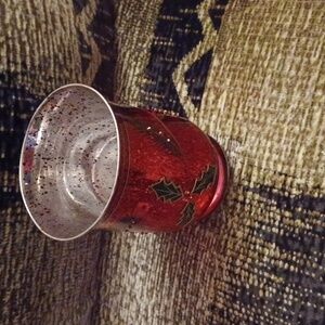 4/$40 Festive Red Glass Candle Holder with Holly Design